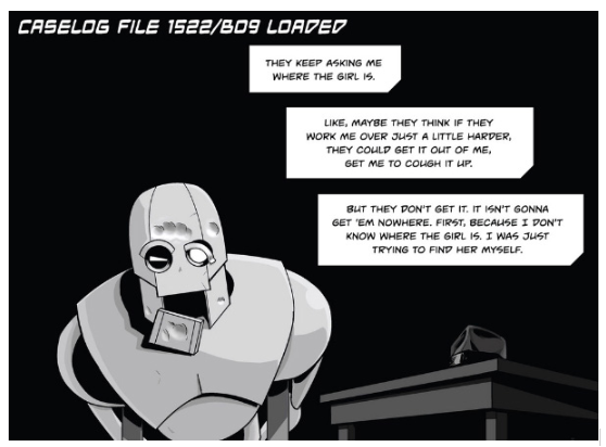 Copernicus Jones: Robot Detective #1 interior panel. Art by Kevin Warren with lettering by Dylan Todd. 