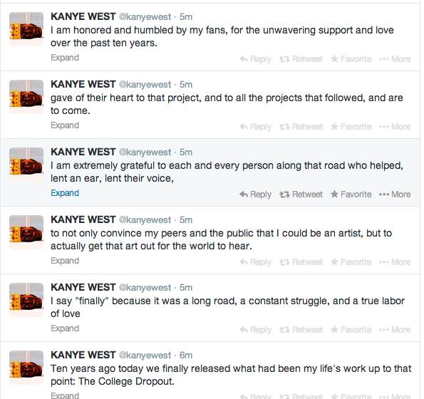 Kanye sharing his thoughts on this anniversary through Twitter.