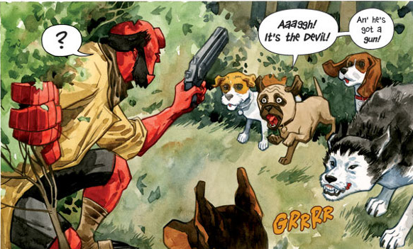 Mike Mignola's Hellboy teams up with Burden Hill's protectors in "Sacrifice". Art by Jill Thompson. 