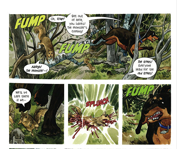 Several panels from the upcoming Beasts of Burden one-shot, "Hunters and Gatherers". Art by Jill Thompson. 