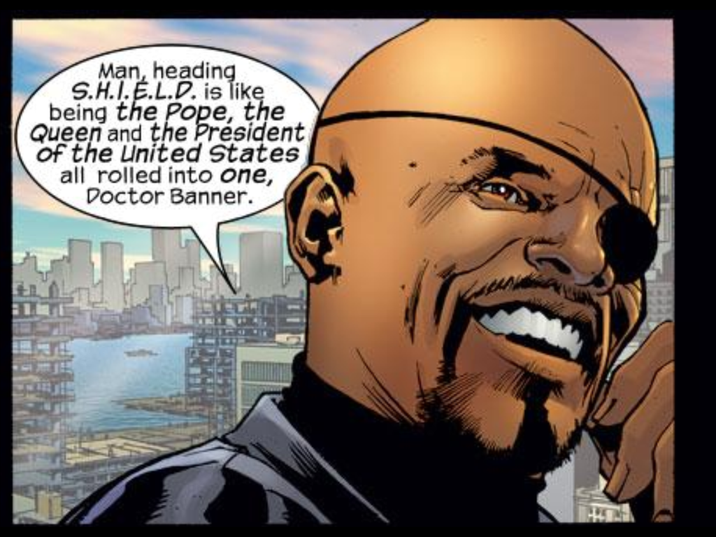 Mark Millar and Bryan Hitch famously cast Samuel L. Jackson as Nick Fury in Ultimates, forecasting his eventual big-screen role. (Art by Bryan Hitch, from Ultimates v.1 #2)
