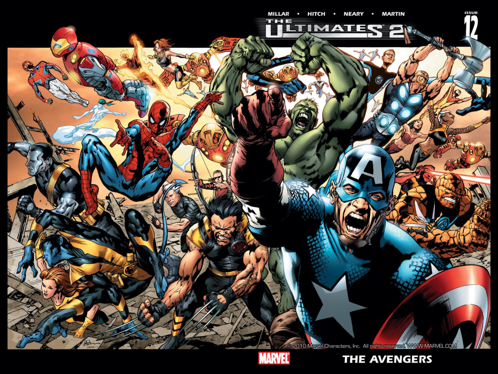 Ultimate Marvel: The Original Cast. (Cover to The Ultimates 2 #12, art by Bryan Hitch)