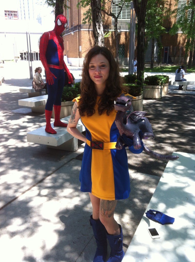 Spider-Man, Kitty Pryde, and Lockheed in front of the Javits Center. (Civilian IDs unknown.)