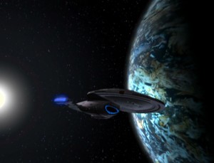 The Starship Voyager exploring new worlds on her long journey home from the far reaches of space.