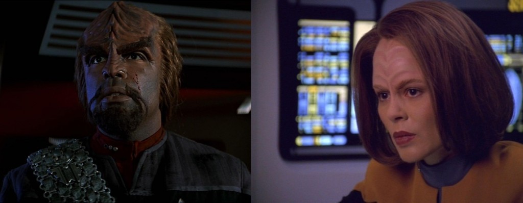 Worf (Michael Dorn) and B'Elanna Torres (Roxann Dawson)