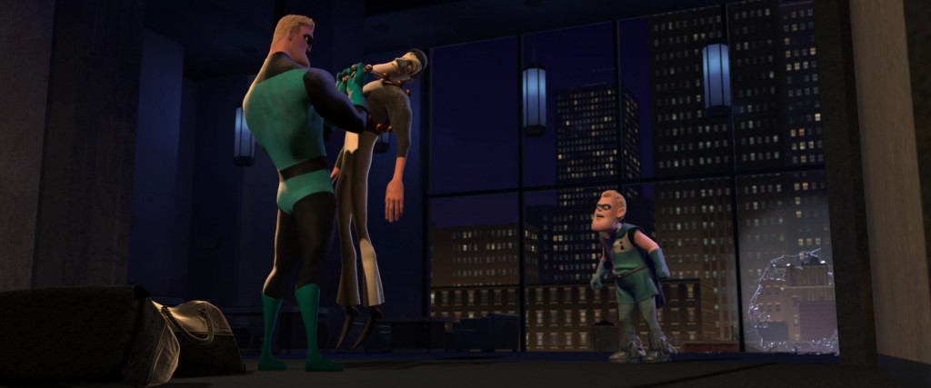 Buddy's poor posture makes him seem even more slight compared to the imposing Mr. Incredible.